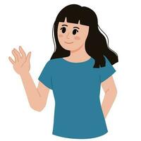 happy woman gesturing hi, greeting waving hello with hand and smile illsutration vector