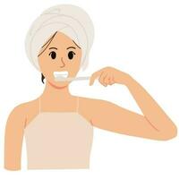 woman brushing her teeth with towel on her head illustration vector