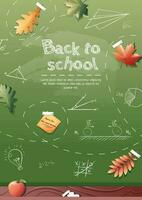 Back to school poster with school items and elements. Background with drawings drawn in chalk on a school blackboard vector