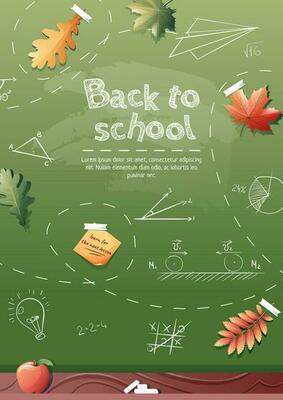 Back to school poster with school items and elements. Background with drawings drawn in chalk on a school blackboard