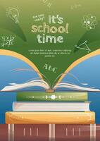 Back to school poster with school items and elements. Colorful background with textbooks and books. Flyer banner, postcard for the new school year vector