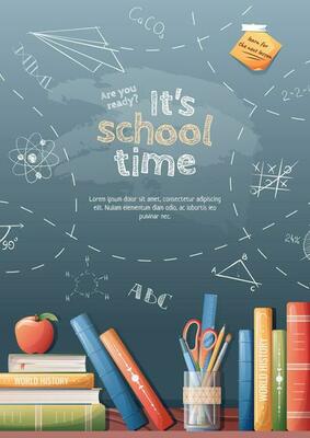 Background with drawings drawn in chalk on a school blackboard. Back to school poster with school items and elements