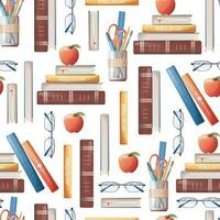 Seamless pattern with books, stationery, apple. School texture. Great for fabric, paper, wallpaper, scrapbooking vector