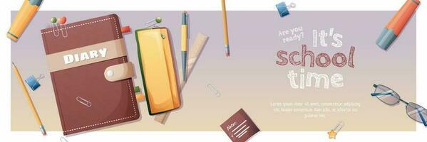 Horizontal banner back to school with school subjects and elements. Education, knowledge, learning. Background with textbooks, notebooks and stationery. vector