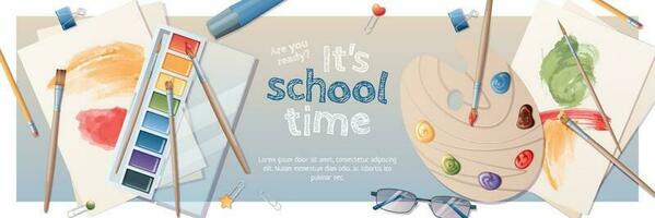 Horizontal banner back to school with school subjects and elements. Education, knowledge, learning. Background with brushes, paints and palette. vector