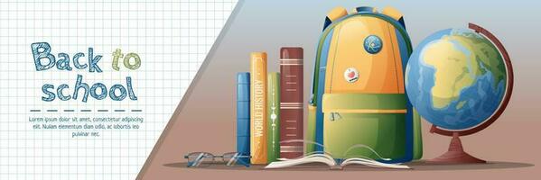 Horizontal banner back to school with school subjects and elements. Education, knowledge, learning. Background with stack of books and backpack, globe vector