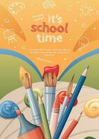 Back to school poster with school items and elements. Colorful background with brushes, paints and palette. Flyer banner, postcard for the new school year. vector