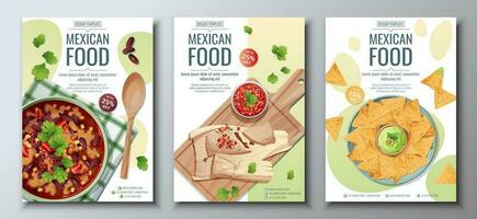Mexican food flyer set on a green background. Tamales, nachos and bean soup. Banner, menu, poster, advertisement of traditional Mexican food vector