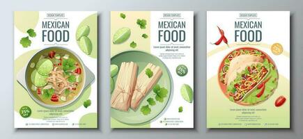 Mexican food flyer set on a green background. Tamales, tacos, lime soup. Banner, menu, poster, advertisement of traditional Mexican food. vector
