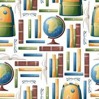 Seamless pattern with books, backpack and globe. School texture. Great for fabric, paper, wallpaper, scrapbooking vector