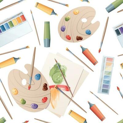 Seamless background with artist s tools. Texture with palette, paints, brushes. Back to school. Great for textiles, wallpapers, paper, prints