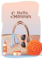 póster con playa bolso y verano accesorios. verano tiempo, Hola verano. protector solar, Gafas de sol, toalla. tarjeta postal, bandera, antecedentes para verano Días festivos vector