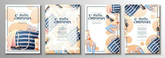 Flyer set with beach bag and accessories. Summer time, hello summer, beach vibe. Discount banner, promotion, advertising. vector