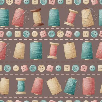 Seamless pattern with sewing threads and buttons. Sewing atelier, needlework, hobby. Suitable for fabric, wallpaper, decor, clothes, wallpaper.