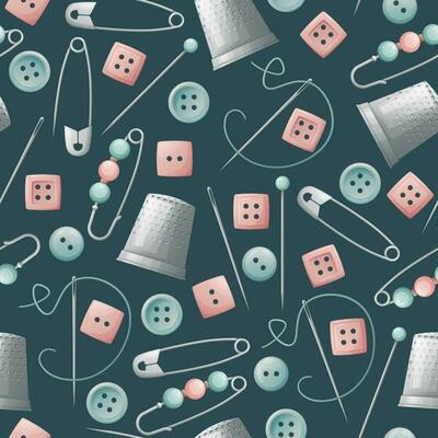 Seamless pattern with pins, thimble and buttons. Sewing atelier, needlework, hobby. Suitable for fabric, wallpaper, decor, clothes, wallpaper