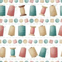 Seamless pattern with sewing threads and buttons. Sewing atelier, needlework, hobby. Suitable for fabric, wallpaper, decor, clothes, wallpaper. vector