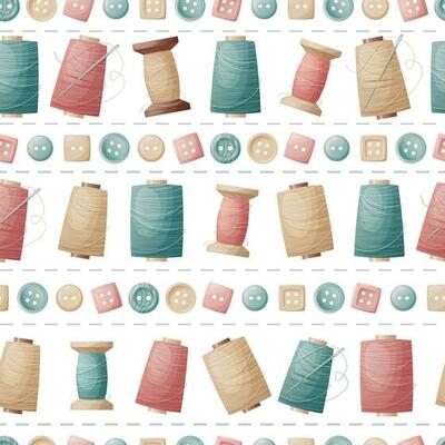 Seamless pattern with sewing threads and buttons. Sewing atelier, needlework, hobby. Suitable for fabric, wallpaper, decor, clothes, wallpaper.