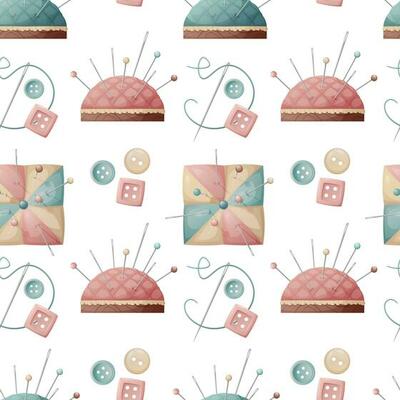 Seamless pattern with a pin cushion and buttons. Sewing atelier, needlework, hobby. Suitable for fabric, wallpaper, decor, clothes, wallpaper.
