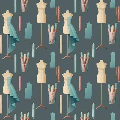 Seamless pattern with sewing accessories. Dress on a mannequin, fabric, clothing pattern. Great for fabric, wallpaper, paper