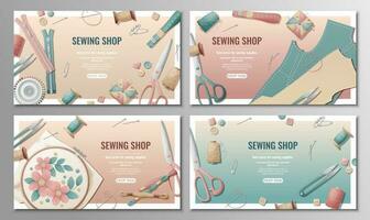 Set of sewing shop banners with sewing supplies and tools. Template of discount banners for tailoring studio, workshop. Compositions of pins, threads, needles, scissors, fabric scattered on the surfac vector