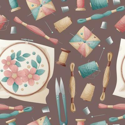 Seamless pattern with hoop, needle bed, floss threads. Embroidery, hobby, handmade. Great for fabric, wallpaper, paper.
