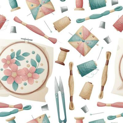 Seamless pattern with hoop, needle bed, floss threads. Embroidery, hobby, handmade. Great for fabric, wallpaper, paper.