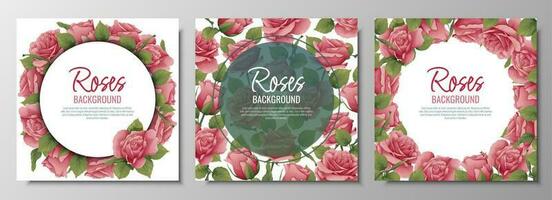 Set of postcards with roses. Border, frame with pink flowers and green leaves. Background with botanical elements. Vector illustration.