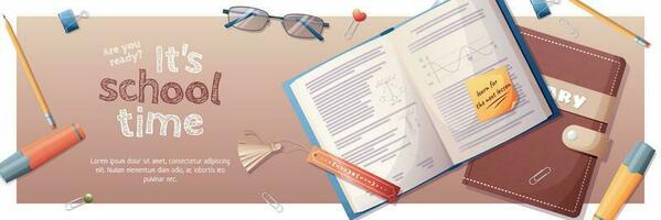 Horizontal banner back to school with school subjects and elements. Education, knowledge, learning. Background with textbooks, notebooks and stationery vector