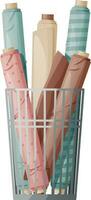 Rolls of multi-colored fabric in a metal basket in a sewing workshop or textile store. Sewing accessories. vector