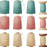 Set of spools of thread on an isolated background. Blue, pink, yellow silk threads with a needle. Vector illustration of a seamstress tool