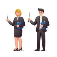 character of male and female teachers with pointer isolated vector illustration