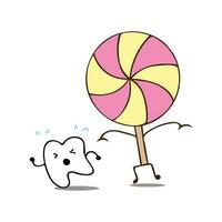 gracioso un diente con dulces, diente versus golosinas dibujos animados mascota personaje vector ilustración color niños dibujos animados clipart