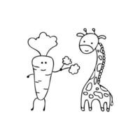 Hand drawn kids drawing Cute giraffe eating big carrot Cartoon animal Mascot Character Vector illustration color children cartoon clipart