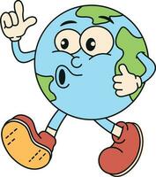 Sticker Planet in our hands, in a trendy groovy style. Earth Day. Funny vector earth character and mascot. Ecology and environment. Vector illustration.