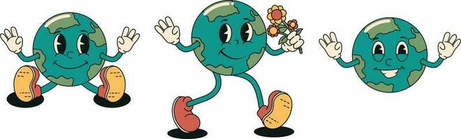 Earth planet character collection. World Environment Day. Retro cartoon style on a transparent background. Vector illustration.