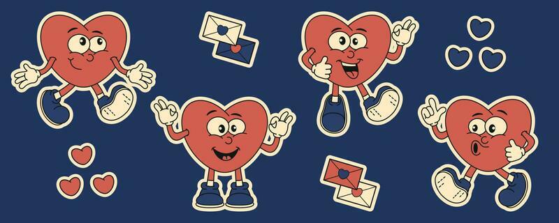 Groovy 70s love hippie set. Funny cartoon flower, heart, rainbow, gift, butterfly, mushroom. Set of stickers in trendy retro psychedelic cartoon style.