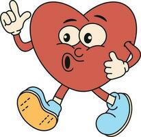 Retro clockwork heart character. 2000s cartoon character. Cool, heart with a face, lips in a trio. Vector illustration.