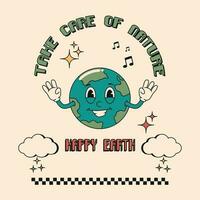 Retro style of the 70s with the inscription Protect Nature - Happy Earth. Vector illustration of the planet, globe with a smiley face on a beige background.