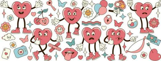 conjunto de maravilloso corazón pegatinas en hippie amor estilo. San Valentín día. cómic feliz, sorprendido, asustado, personaje en retro 60s 70s de moda dibujos animados estilo. retro corazón caracteres y elementos. vector