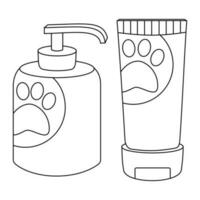 A set of shampoos with a dispenser and paws for animals, cats, dogs, animal care. vector