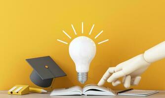 light bulb with glowing rays, with book learning, cartoon style, stationery, symbol of creativity, doodles concept, innovation, inspiration, invention and idea, 3d rendering on yellow background photo