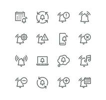Set of notification bell related icons, alarm clock, calendar reminder, user message alarm, phone ring, time reminder and linear variety vectors. vector
