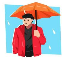 Adolescente chico vistiendo paraguas cuando eso lluvias aislado en azul antecedentes con gotas de lluvia. dibujos animados plano vector ilustración.