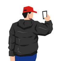 man in hat back view is taking photo with smartphone camera. isolated on white background. cartoon flat vector illustration.