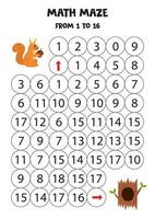 Get cute cartoon squirrel to tree hollow by counting to 16. vector