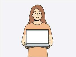 Smiling woman with open laptop. Happy female user with computer with empty mockup screen. Technology and advertising. Vector illustration.