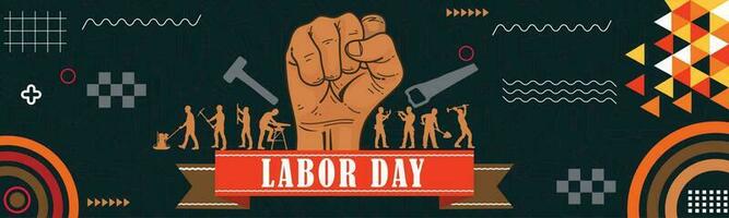 World labor day banner design with labor tools and hand fist  Abstract modern geometric background vector