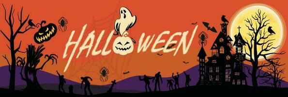 Happy Halloween party banner for October event, orange purple background vector