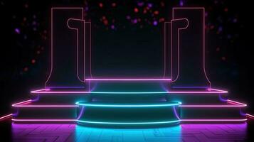 3D abstract background. Neon glowing podium. Empty scene for product presentation. photo