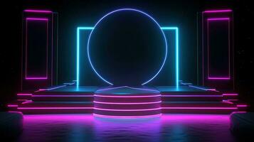 3D abstract background. Neon glowing podium. Empty scene for product presentation. photo